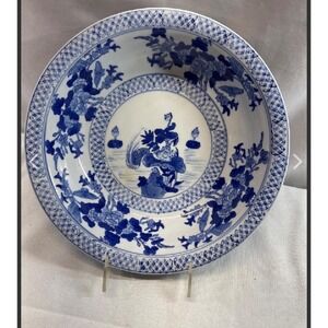 Chinese export punch bowl porcelain blue & white 11.5" large  as is